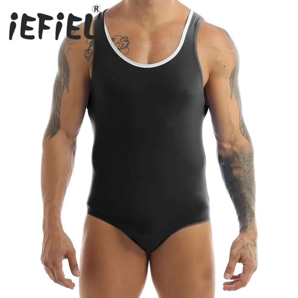 iEFiEL Mens Lingerie Sleeveless Stretchy One-piece High Cut Wrestling Singlet Leotard Bodysuit Underwear Transparent Shapers