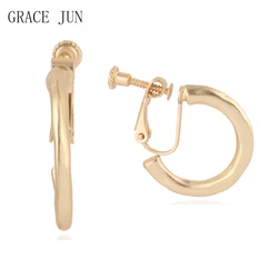 GRACE JUN New Korea Style Hoop Copper Material Geometric Clip on Earrings Without Pierced Elegant Cuff Hypoallergenic Ear Clip