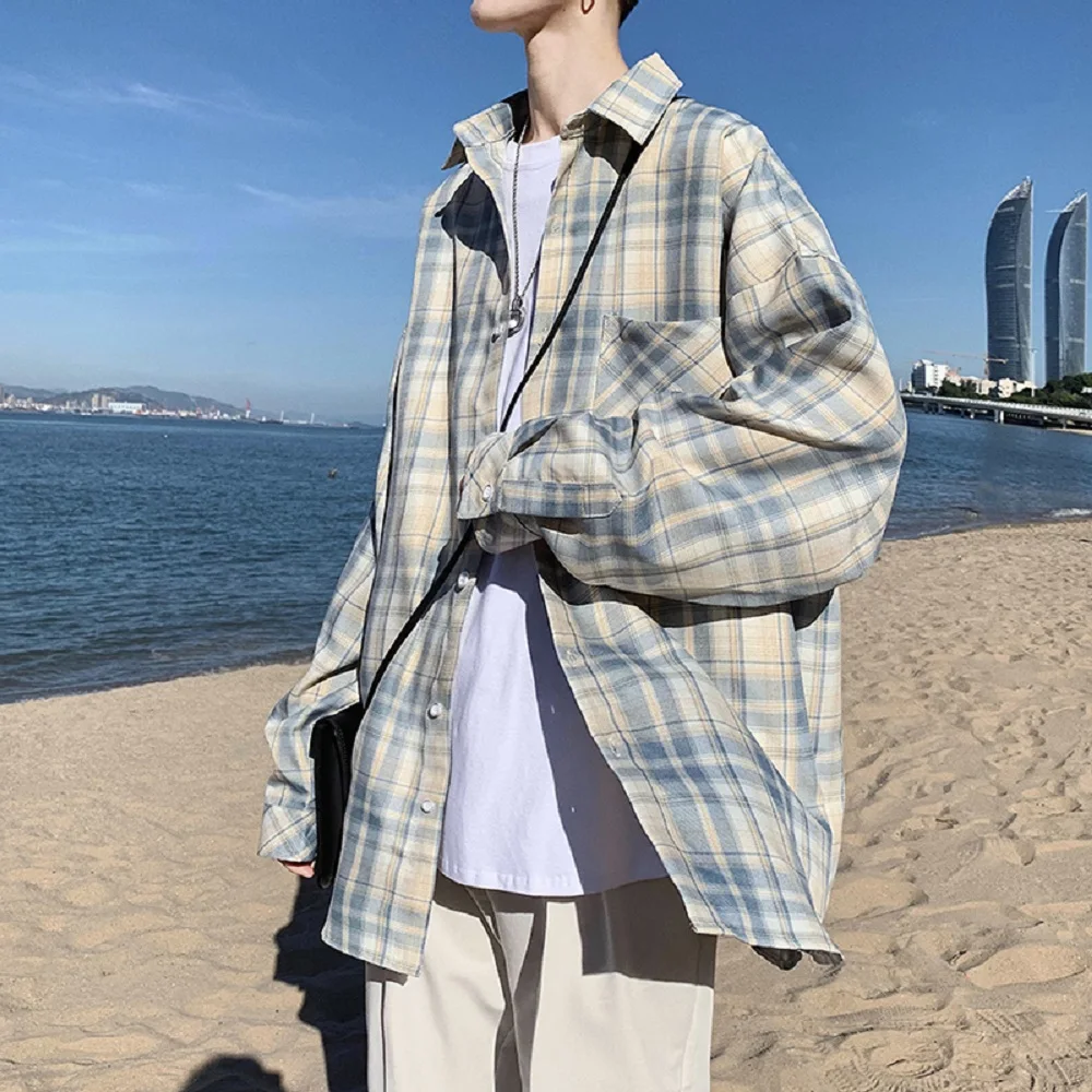 

Men's Harajiku Plaid Shirt Loose Long Sleeve Korea Fashion Casual Campus Travel Office Spring 2021 New Young Shirt