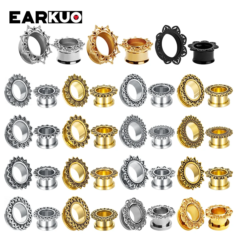 EARKUO Fashionable Quality Stainless Steel Flower Ear Gauges Tunnels Expanders Piercing Body Jewelry Ear Plugs Stretchers 2PCS