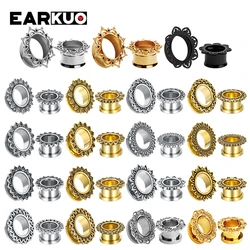 EARKUO Fashionable Quality Stainless Steel Flower Ear Gauges Tunnels Expanders Piercing Body Jewelry Ear Plugs Stretchers 2PCS