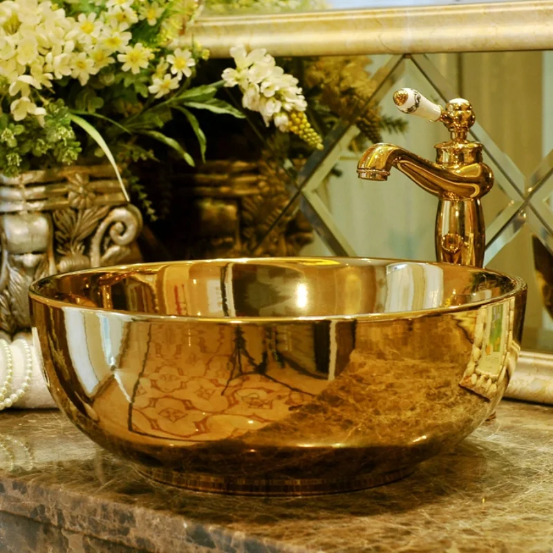 Golden Table Basin round European Style Ceramic Washbasin Bathroom Sink Art Inter-Platform Basin Wash Basin Bath Room