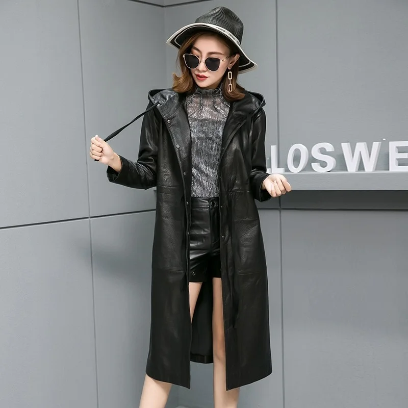 Fashion 2022 Women Black Real Lambskin Pebbled-Leather Long Trench Coat Hooded Drawstring Outwear Windbreaker Casaco Feminino