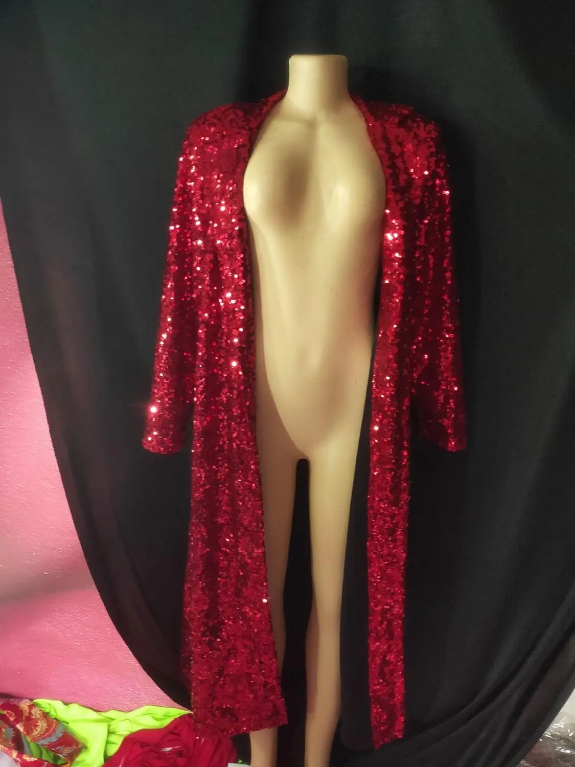 

Red Blue Flashing Sequins Handmade Jacket Birthday Celebrate Long Jacket Women Singer Dance Stage Bar Sexy Outfit