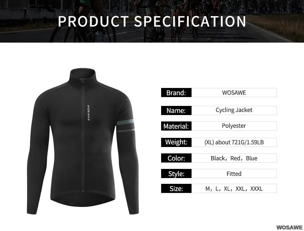 WOSAWE Herren Thermo-Winter-Fahrradjacke, Fleece-Futter, Langarm-Jersey, winddicht, Laufen, Reiten, Ciclismo, Fahrradbekleidung – Detail 7