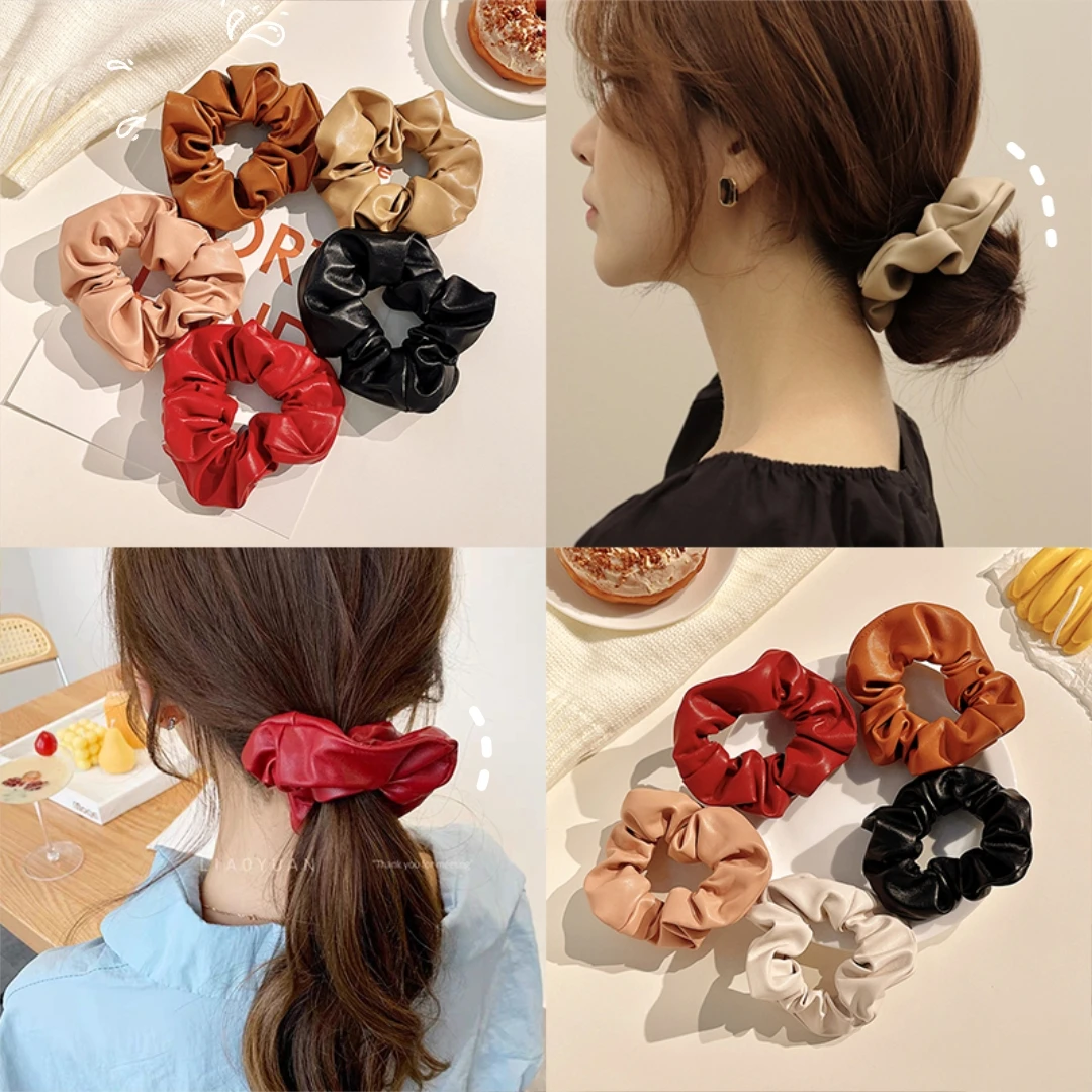 Women Girls Vintage Elegant Leather Elastic Hair Bands Lady Lovely Soft Leather Scrunchies Rubber Bands Female Hair Accessories