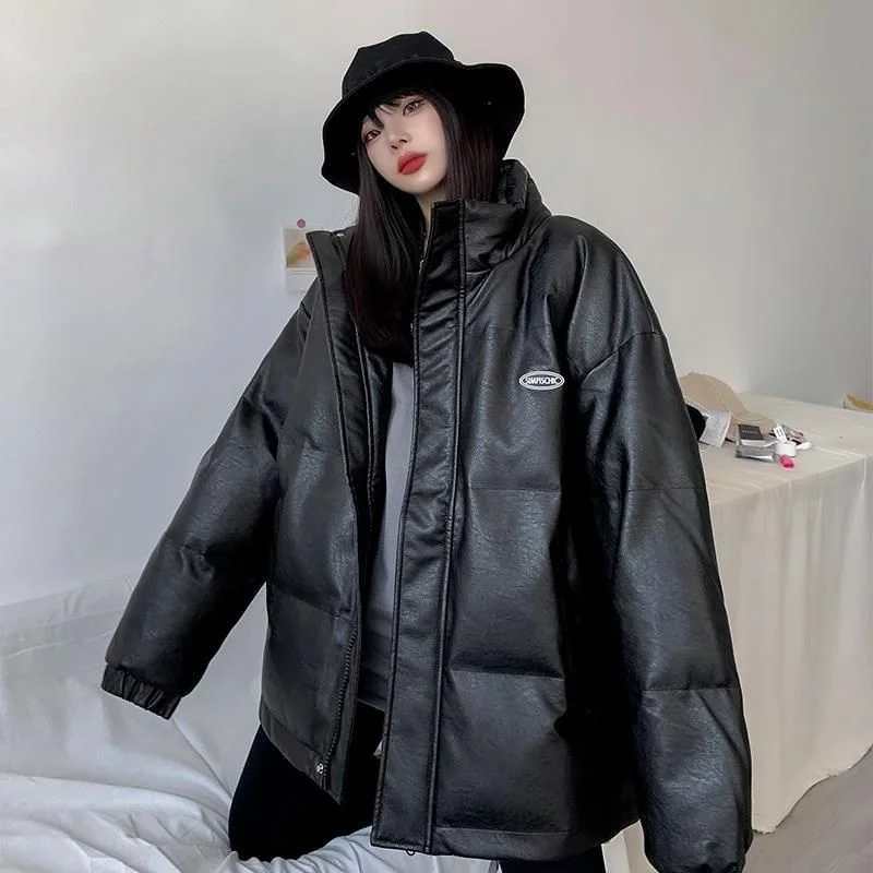 

PU leather cotton jacket women oversize unisex winter warm clothing 2021 new loose Korean winter high street bread padded jacket
