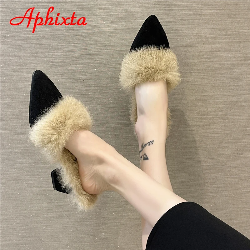 Aphixta Warm Real Rabbit Hair Slippers Women Shoes Winter Pointed Toe Luxury Real Fur Square Heel Lady Mujer Indoor Slides