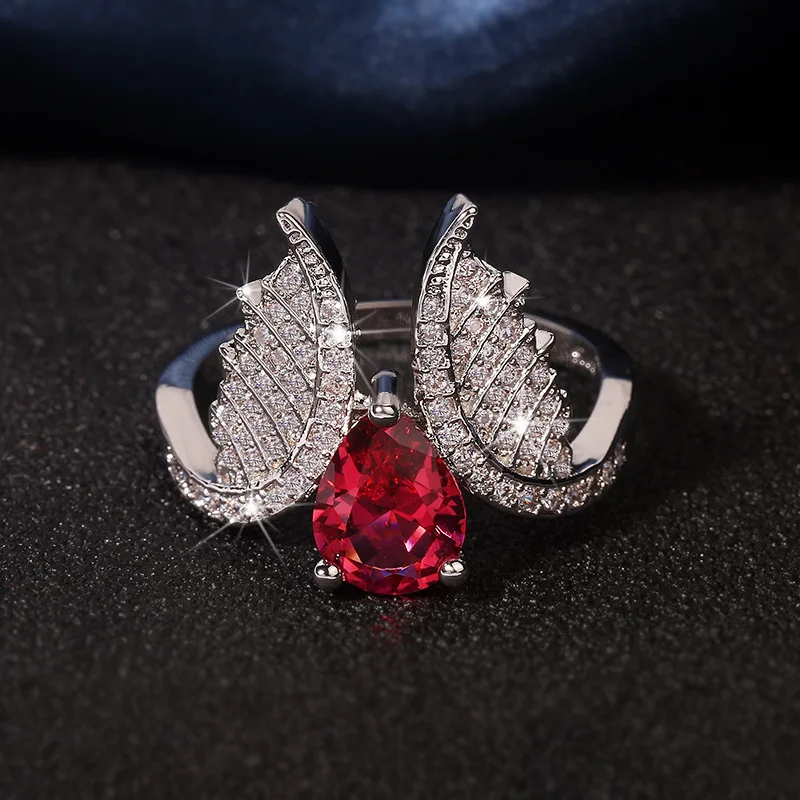 Fashion Simple Style Banquet Engagement Ring Micro-inlaid Zircon Wing Shape Red Large Women  Gift For Girlfriend Jewelry