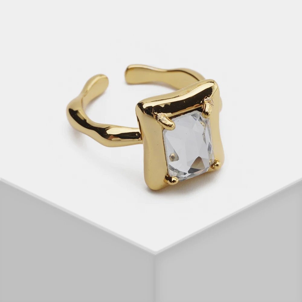 Open Adjustable Ring Cystal thick gold plated -18K Square Ring