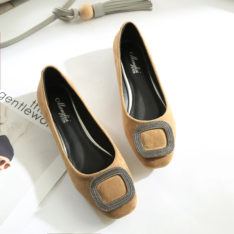 Lady Ballet Flat Shoes Size 31-46 Extra Big Size 44 45 Women Flat Heel Shoes Square Head Flock Leather Metal Decoration Slip On