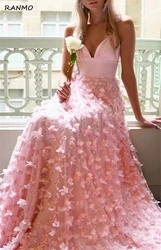 Pink  Dresses V-neckline Tulle Flowers Prom Gowns Long A-Line Sleeveless Spaghetti Straps Illusion 2023 Hot SIale