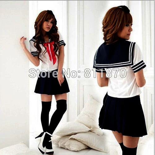 Brdwn Girl's Dress Japanese Cosplay red belt School Uniforms Sailor Suit dress