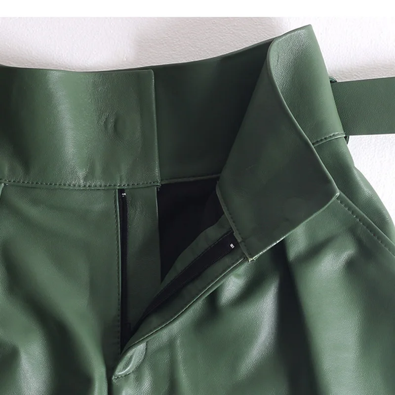 Women Harajuku Genuine Leather Bud Pleated Falbala Shorts With Belt Femme High Waist Hhaki/Green Casual Mujer Sexy Booty Shorts