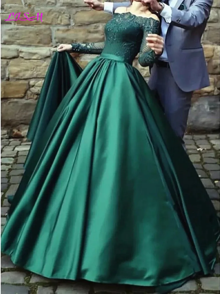 Elegant Muslim Long Sleeves Lace Emerald Green Evening Dresses Off the Shoulder Satin Formal Dress Party Ball Gowns