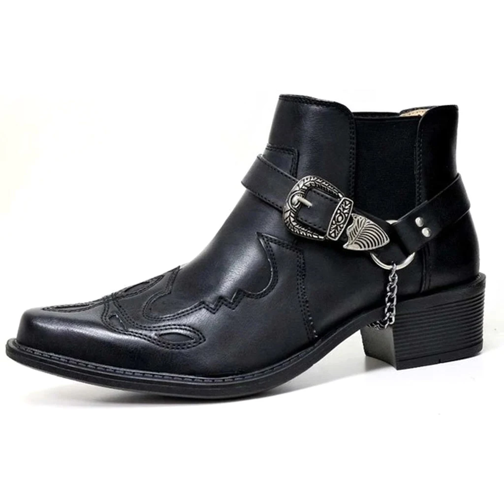 Autumn Winter Men Short Boots Fashion Personality Belt Buckle Thick Heel Pointed Head Large Size EUR 38-48