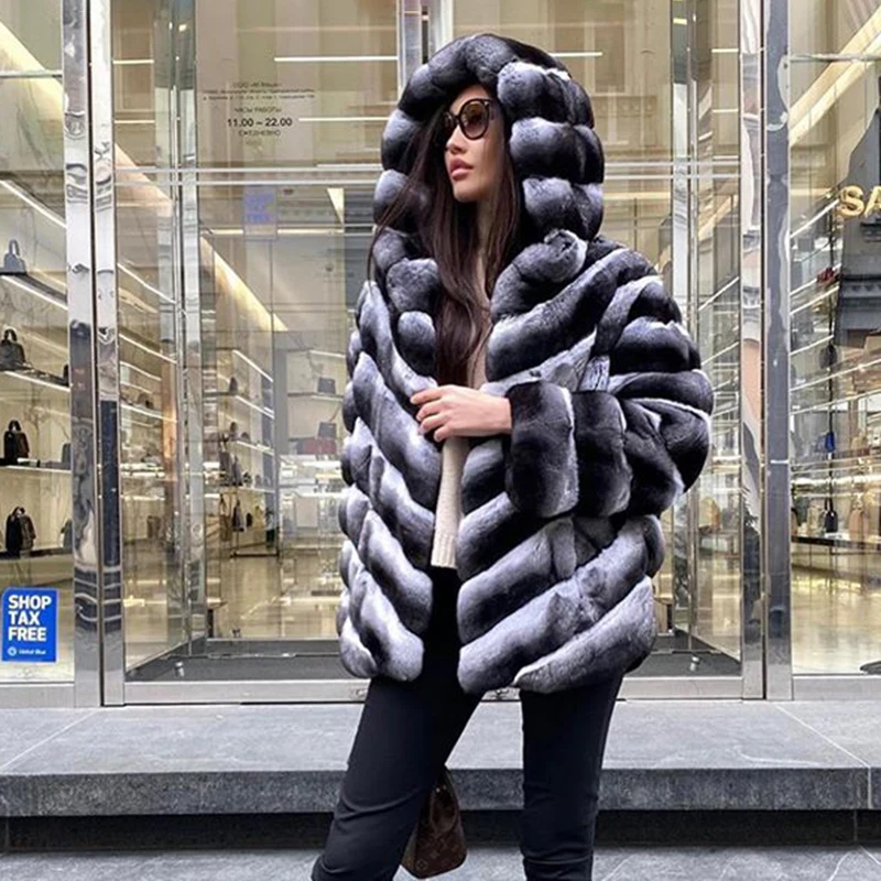 Women Winter Natural Real Fur Coats For Women Whole Skin Genuine Rex Rabbit Fur Jackets With Hood Chinchilla Color Fur Overcoats