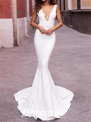 Mermaid / Trumpet Wedding Dresses Plunging Neck Sweep / Brush Train Stretch Satin Sleeveless Sexy Plus Size with Draping 2021