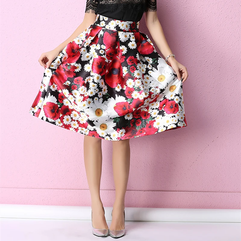 Special Offer New Spring Autumn Women High Waist Slim Midi Skirt Korean Fashion Elegant Flowers Print Big Hem A-Line Skirt