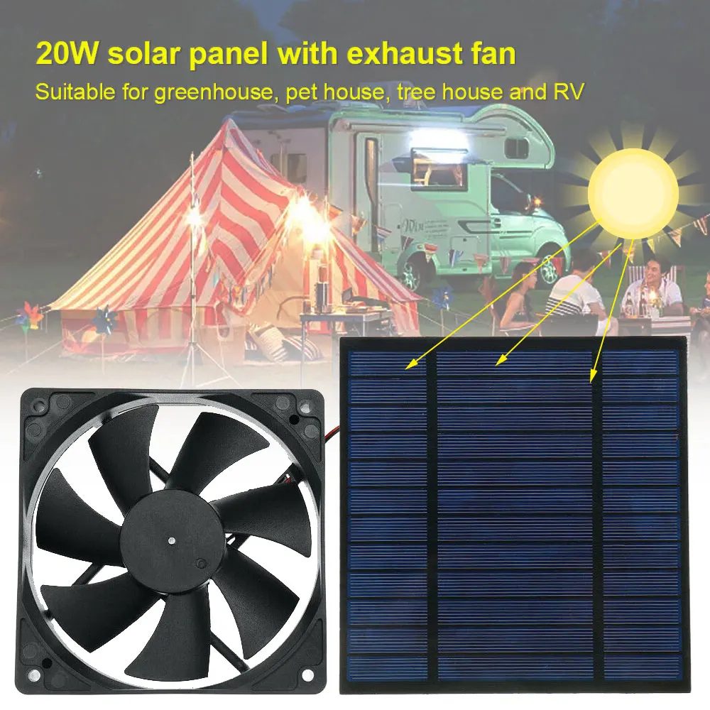 20W Solar Powered Panel 6\'\' Tent Fan Cooling Ventilation Fan for Outdoor RV Truck Camping Chicken Dog