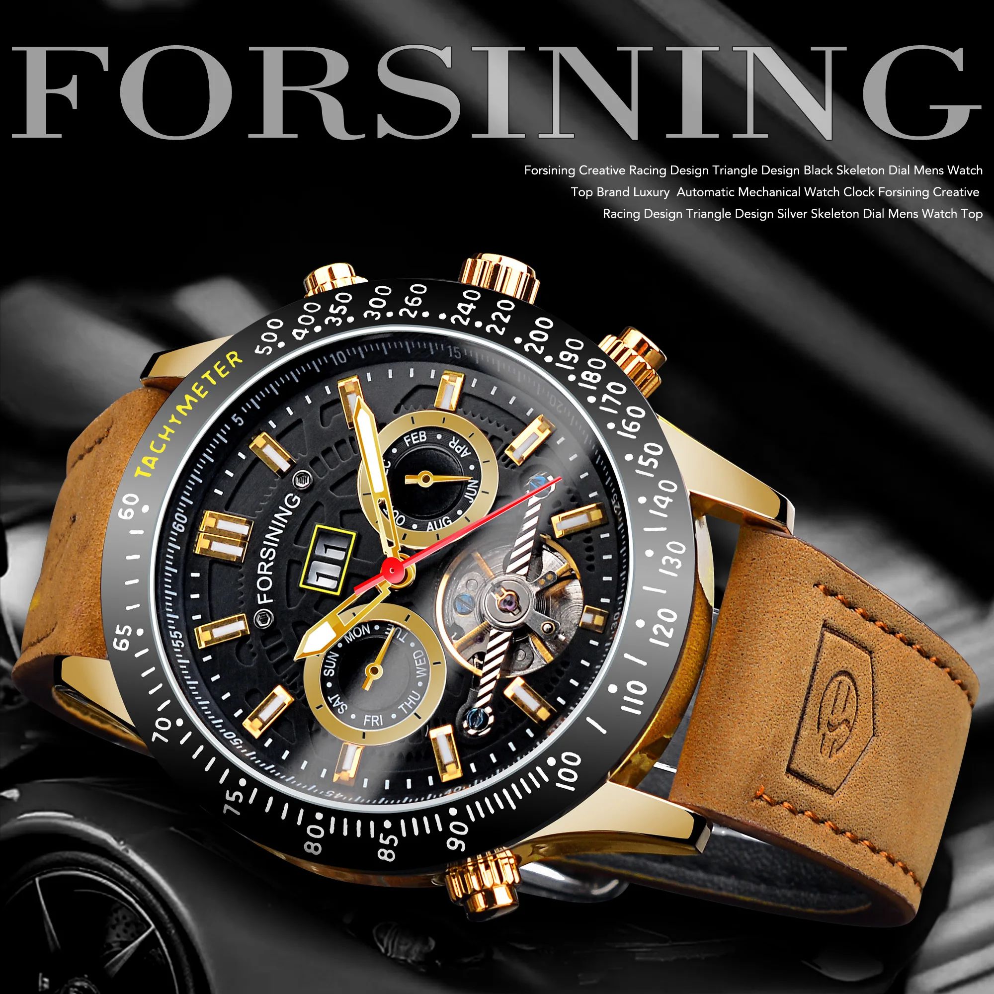 Forsining Chronograph Automatic Men Military Watch Hollow Mechanical Wristwatch 3bar Genuine Leather Mens Tourbillon Watches