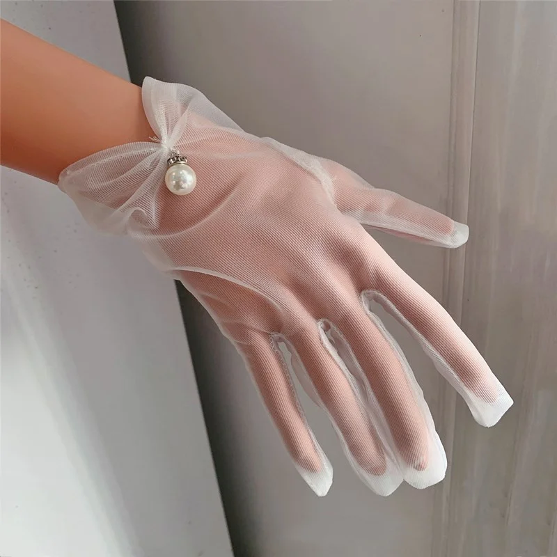 High Quality Chiffon Wedding Gloves White Short Bow Pearl Finger Women Bridal Gloves Wedding Party Accessories