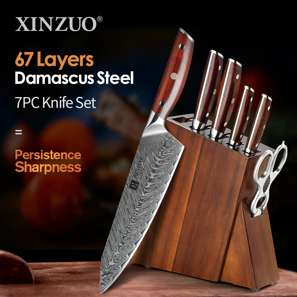 XINZUO 7 PCS Kitchen Knife Damascus Steel Chef Slicing Utility Paring Knife Chinese VG10 Steel Rosewood Handle Sharp Cutter