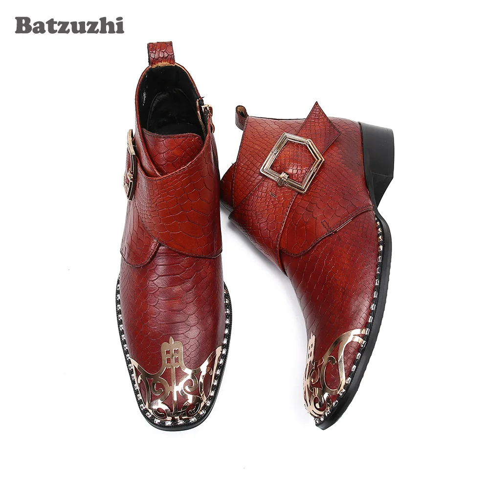 

NEW 2026 Western Cool Men's Boots Shoes Special Metal Toe Genuine Leather Ankle Boots Men Buckle Zip Botas Hombre, Big Size 6-12