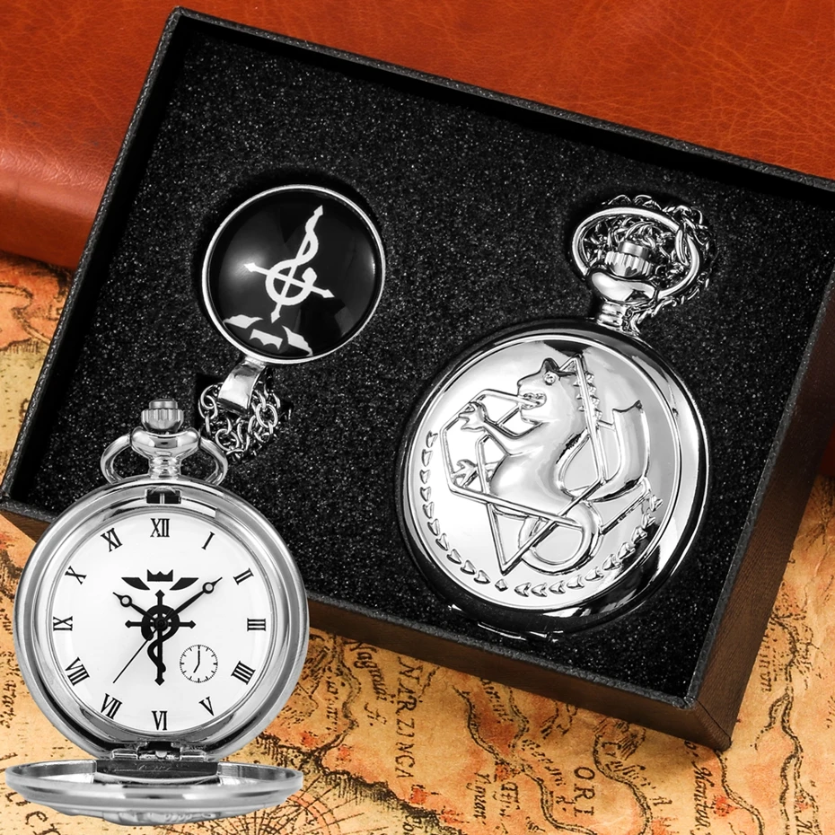 

4pcs/set Popular Fullmetal Alchemist Gifts Sets Quartz Pocket Watch with Cosplay Edward Elric Anime Necklace Pendant Anime Clock