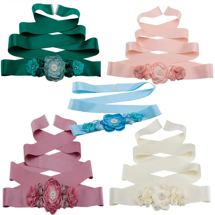 Women Girls Peach Emerald green Waist Belts Long Ribbon Flower Belt Girls Wedding Bridal Waistband For Party Dress Accessories