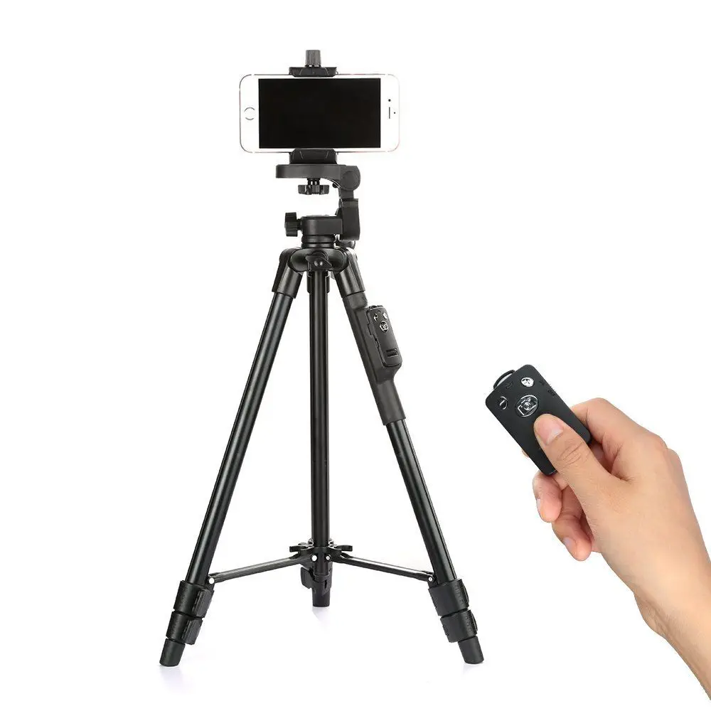 YUNTENG 5208 Aluminum Tripod with 3-Way Head & Bluetooth Remote + Clip for Camera Phone