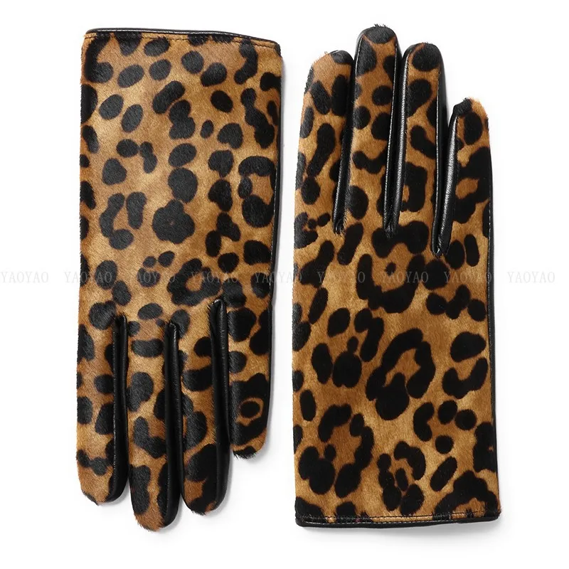 YY5388 Neuheit Frauen Leopard Print Echtes Leder Handschuhe Damen Kurze Winter Wolle Gefüttert Dick Luvas Botton Warm Guantes Mujer