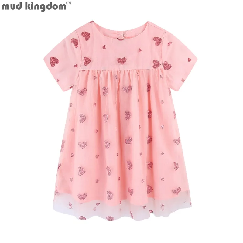 

Mudkingdom Sparkly Heart Big Girls Midi Dress with Tulle Girl Short Sleeve Dresses Loose Princess Party Children Summer Clothes
