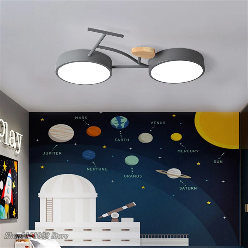 Nordic LED Ceiling Lamp 3 Color Temperature Bike Ceiling Mount Lamp For Kids Bedroom Children Baby Room Green White Gray Fixture