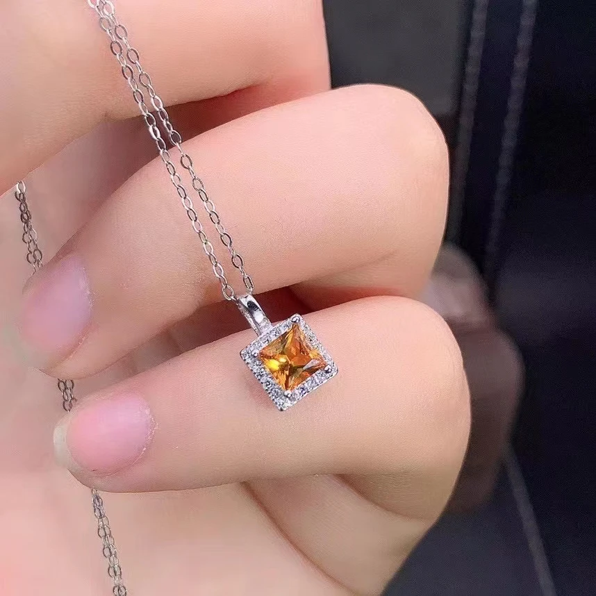 Fine Jewelry 925 Sterling Silver Inlay With Gemstone Women Popular Elegant Square Fresh Citrine Pendant Necklace Support Detecti