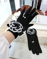 Black Camellia Cashmere Gloves Fashion Korean Houndstooth Mink Hair Cute Flowers Warm Riding Touch Screen Gloves A428