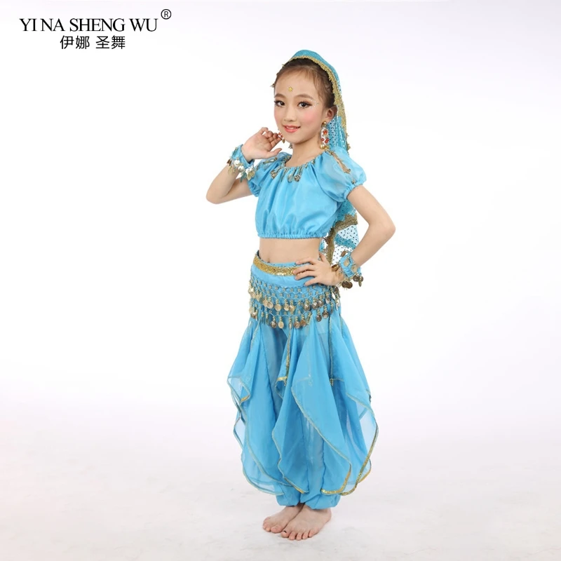 Áo Thun Nữ Tay Ngắn Bé Gái Múa Bụng Trang Phục Set 3 Trẻ Em Hiệu Năng Ấn Độ Nhảy Trẻ Em Gái Bellydance Cô Gái Vũ Trang Phục