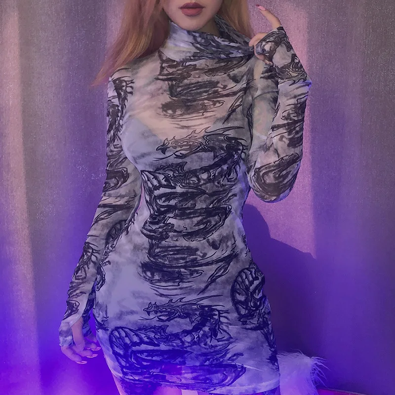 Women High Collar Dress Sexy Mesh Printing Long-sleeved Slim Tight Dress Autumn Fashion Women Dress