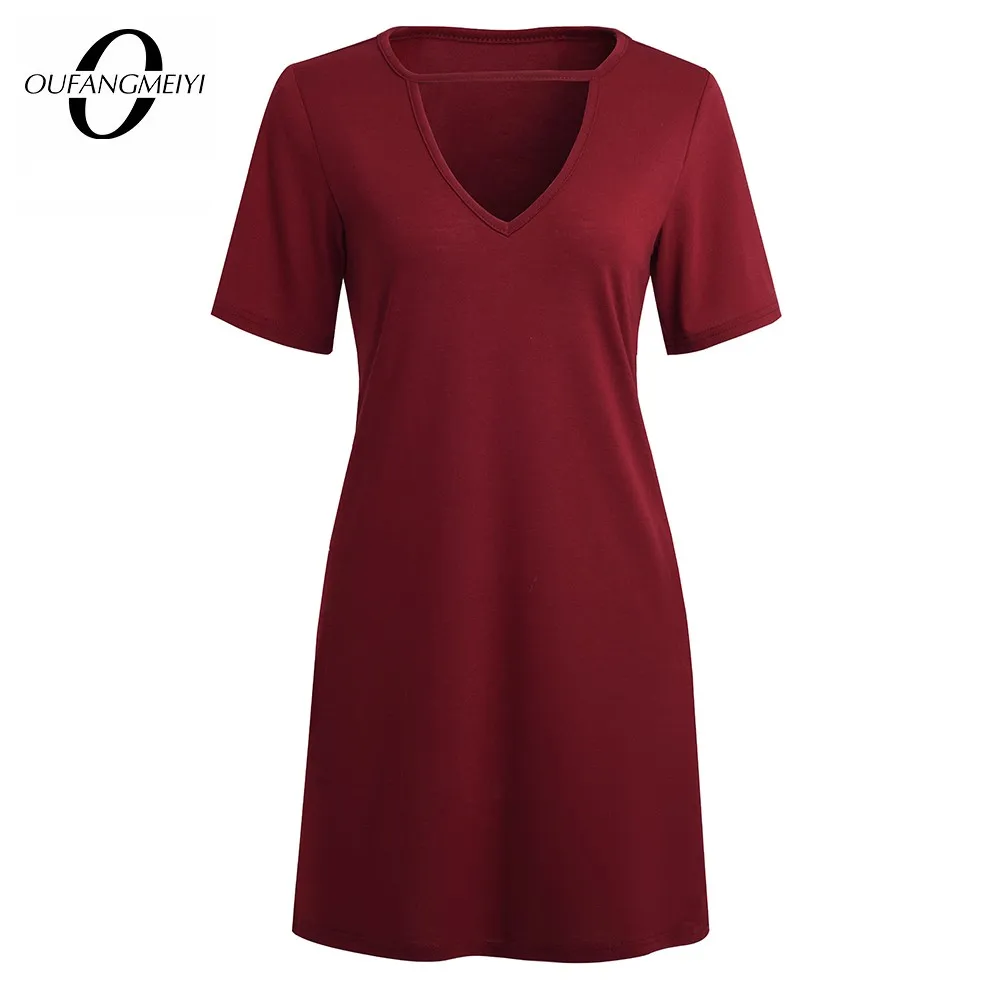 Women Summer Classy Solid Color Hollow Out Casual Holiday Shift T-Shirt Dress EB703