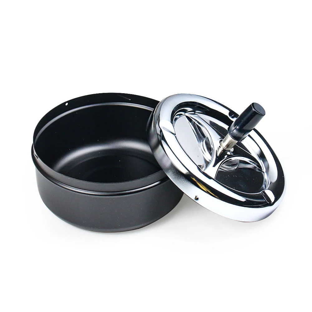 Metal Round Cigarette Ashtray Push Down Rotating Smoking Tray with Lid Automatic Cleaning Portable Outdoor Smoking Accessories