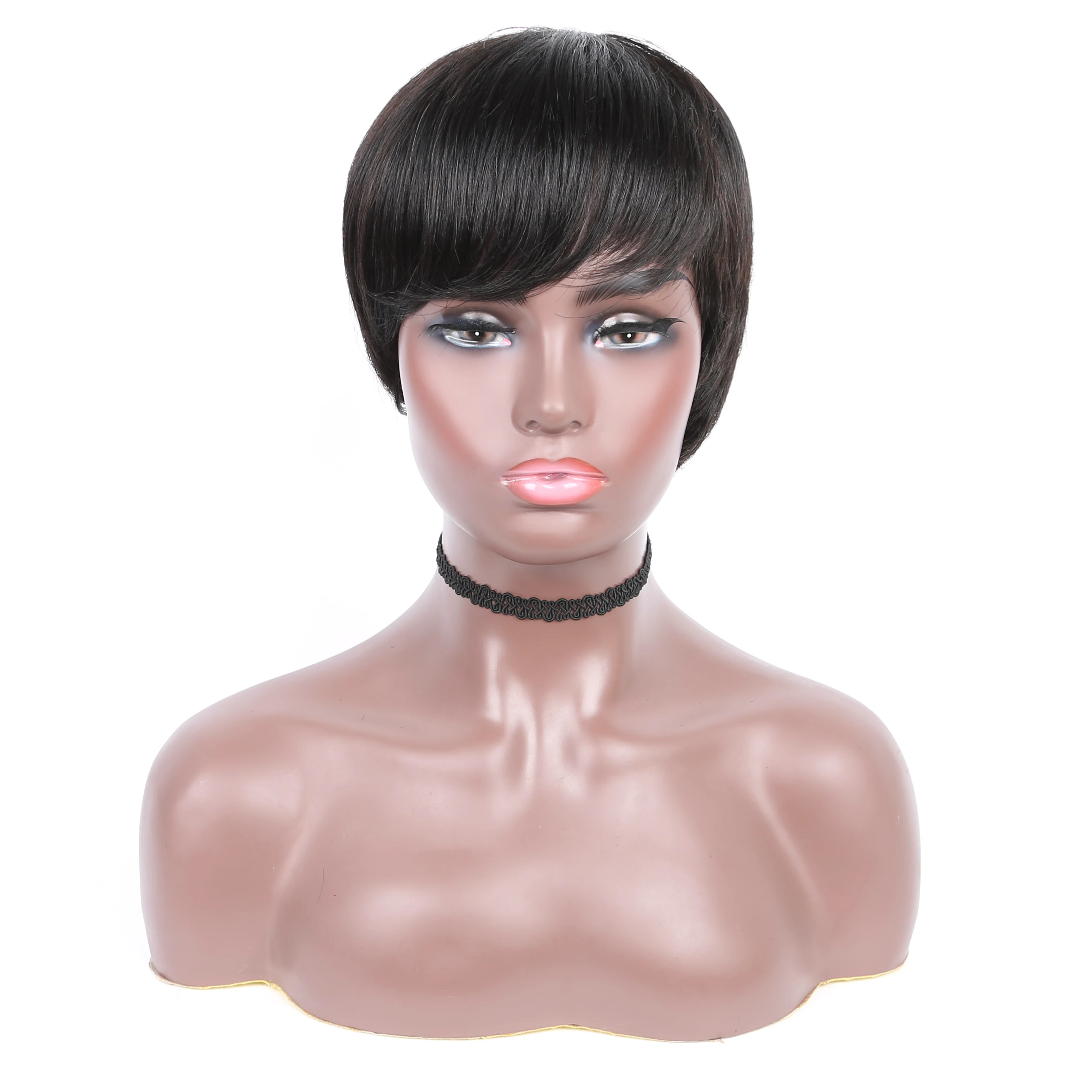 

Short Human Hair Wigs Pixie Cut Wig Straight Brazilian Remy Hair Short Full Machine Made Wig With Bangs Color 99J Red