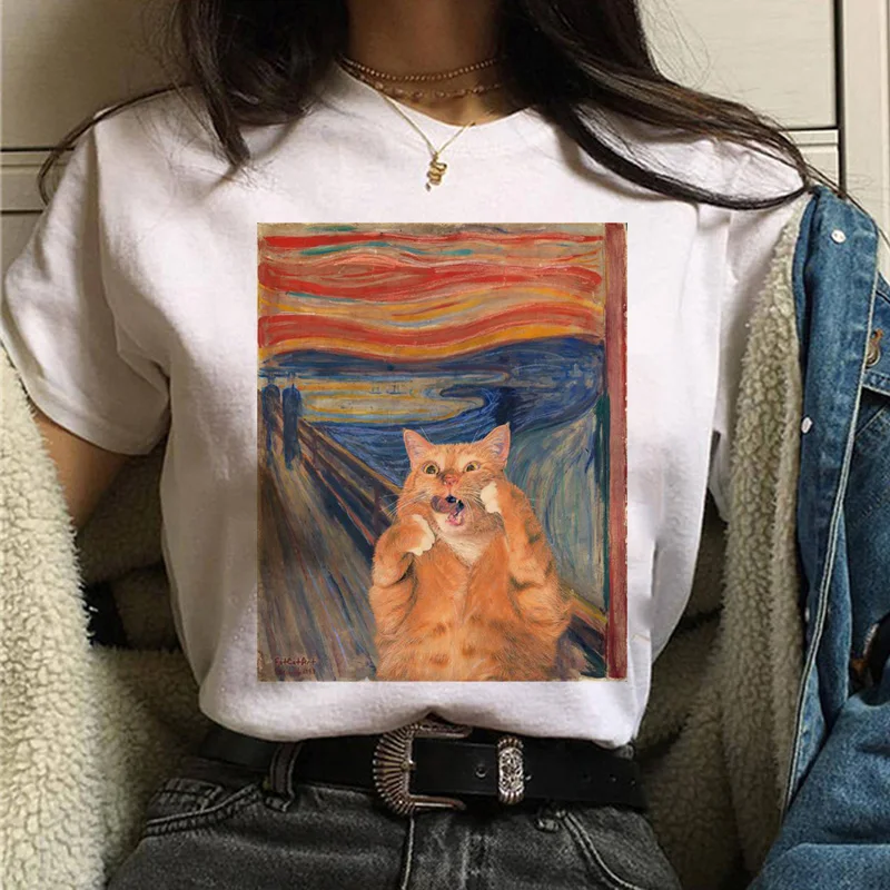 T-shirt chat Van Gogh pour femmes, impression d\'art, peinture à l\'huile, beau, mignon, drôle, dessin animé des années 90, ulzzang, haut décontracté