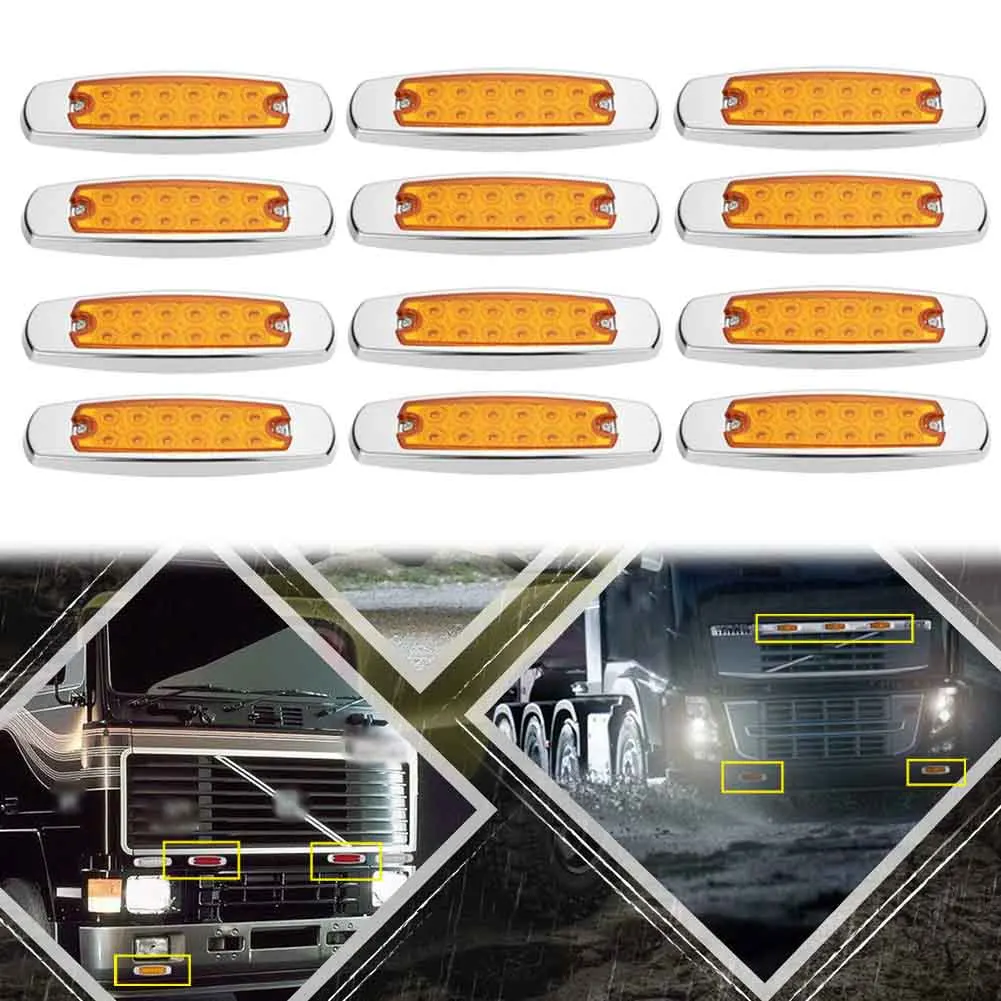 12Pcs/Pack Amber 12 LED Side Marker Lamp Fish Shape Freightliner Truck Trailer Light Indicator Clearance Lights