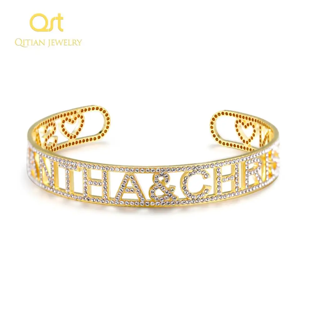 Gold  Name Bangles   Iced Out Personalized ID Family Lover Nameplate Faith Letter Bangles & Bracelet Stainless Steel Adjusted