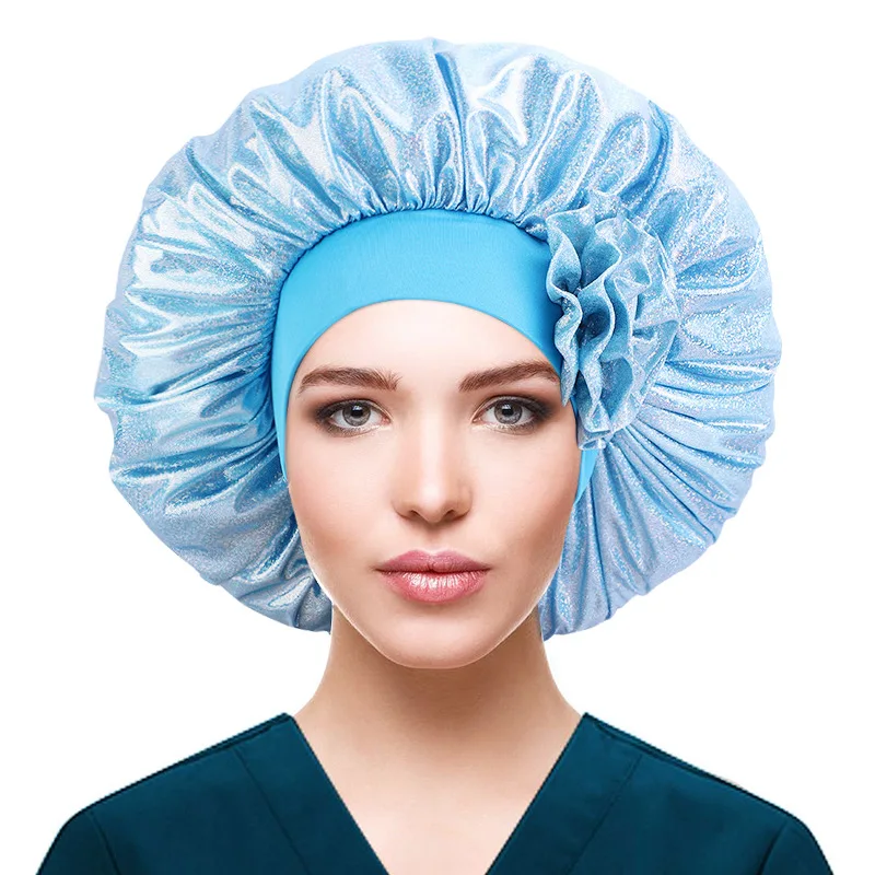 

hot selling laser wide brimmed nightcap, elastic headscarf cap, beauty salon cap manufacturer women bonnets 2pcs