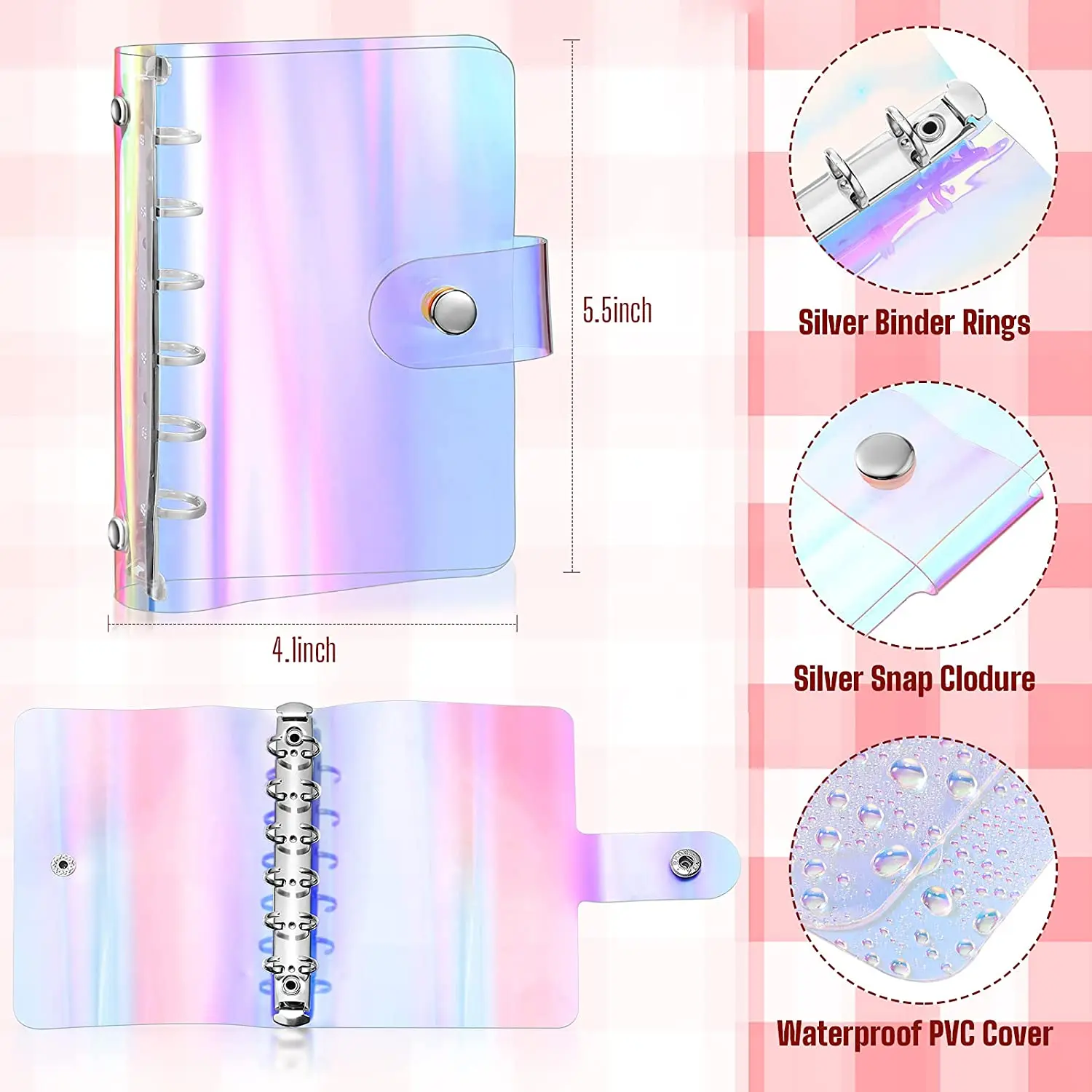 A7 Mini 6-Ring PVC Binder Cover with 12 Pcs Binder Pockets and 2 Sheets Cash Envelope Sticker for Planner Saving Money Budgeting