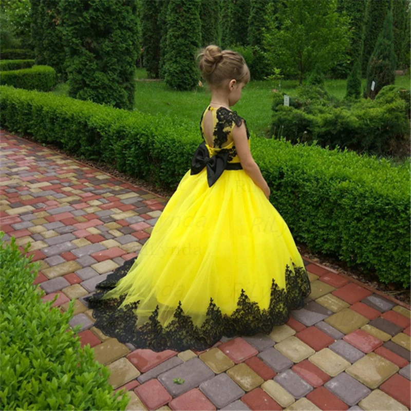 Vestido da menina da flor amarela, vestido longo do tule da flor para a criança, assoalho-comprimento, dama de honra júnior, vestido longo do trem