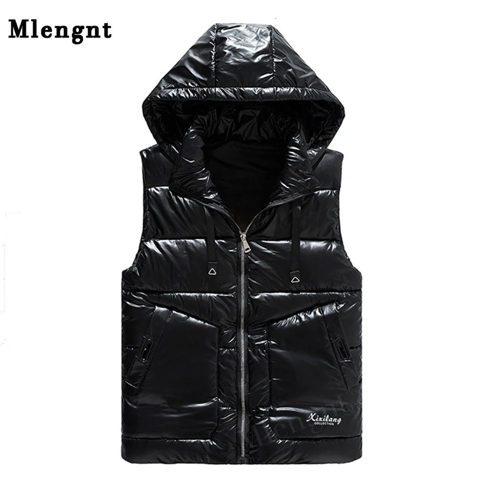 Fashion Silver Shiny Windproof Men Jacket Sleeveless Vests Casual Hat Detachable Winter Coats Thicken Unloading Male Waistcoat