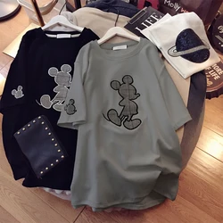 Women clothing couple fashion Mickey mouse cartoon letter printing O-neck short-sleeved cute mouse women's loose T-shirt