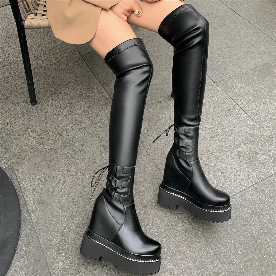 Thigh High Oxfords Shoes Women Genuine Leather Over The Knee High Motorcycle Boots Female Wedges High HeelTall Shaft Pumps Shoes